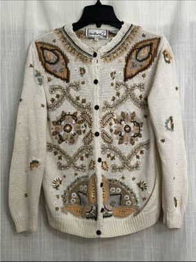 Vintage Needleworks Ivory Embroidered Beaded Cardigan Sweater Size M